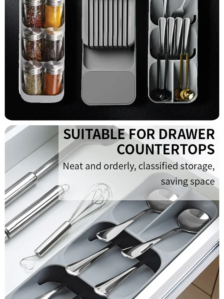 Description Picture 3 of itemMultipurpose Cutlery Silverware Kitchen Utensil Drawers Organizer Block Holder Knives Forks Spoon Spice Bottle Storage Rack Tray