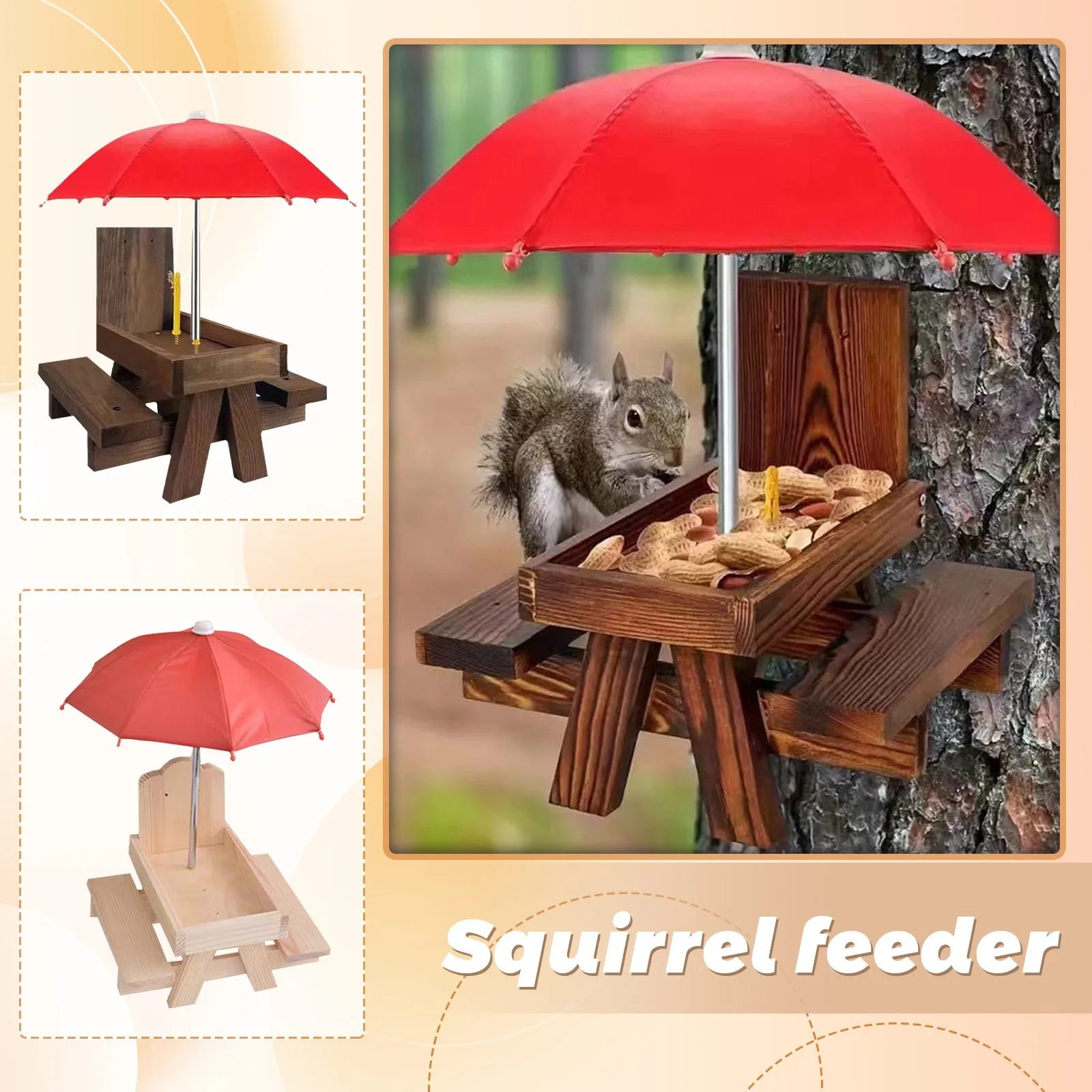 Squirrel Feeder In Stock Outdoor animal Wooden Squirrel Feeder Pet Dining Table With Bench an umbrella Bracket Feeding Table