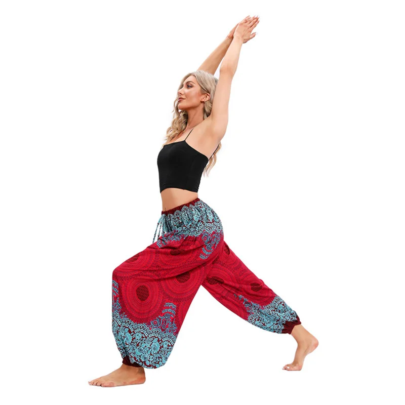 Boho Women Yoga Pants Hippie Harem Printed Dyeing High Waisted Wear