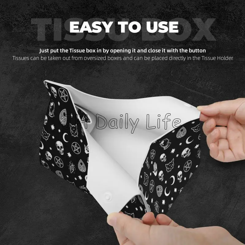 Gothic Skull Cat Moon Pattern Facial Tissue Box Cover Rectangular Waterproof PU Leather Tissue Holders for Home Office Car Decor 2