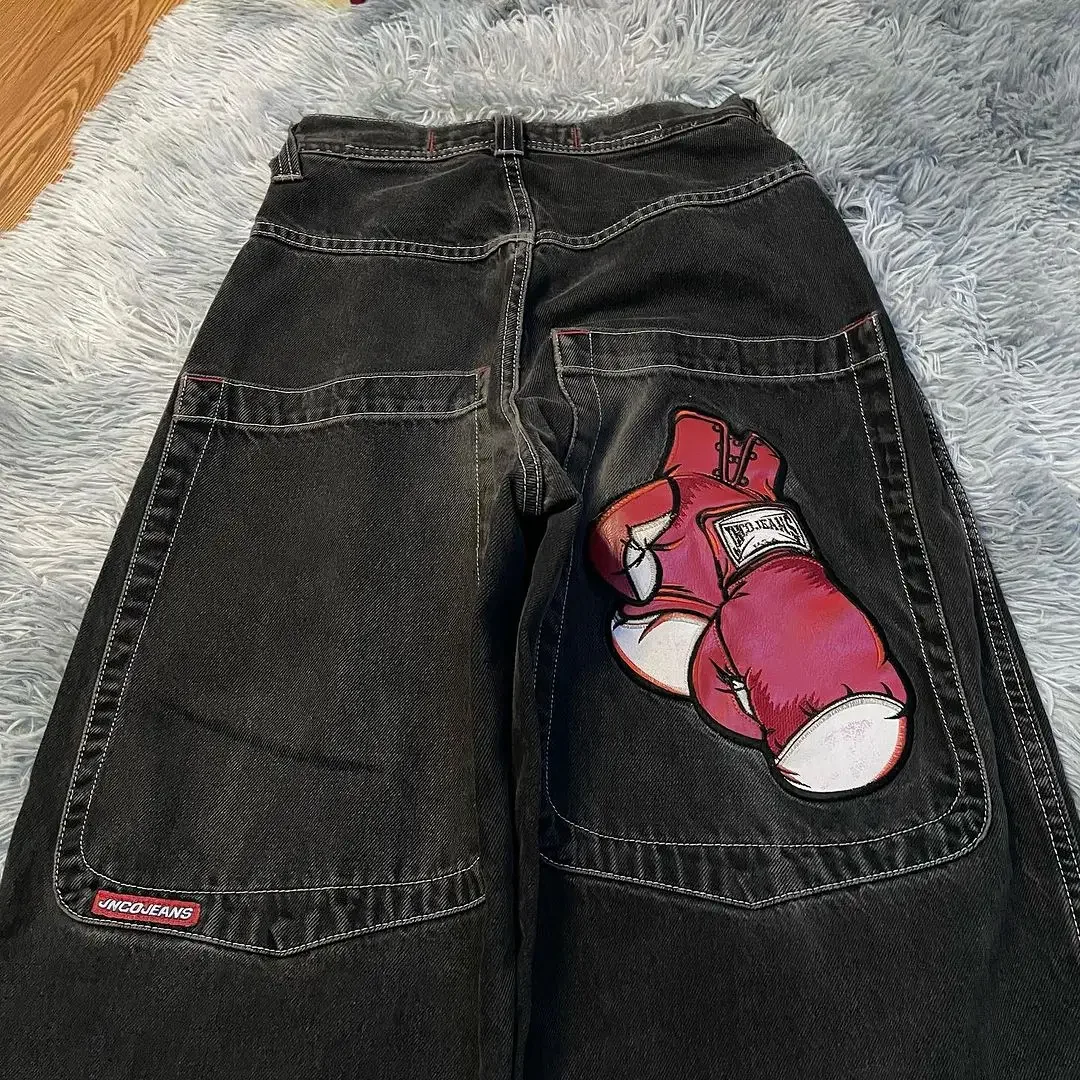 남녀공용 힙합 복싱 장갑, JNCO 그래픽 청바지, Y2K 스트리트웨어, 헐렁한 청바지, 블랙 팬츠, 하라주쿠 고스 하이 웨이스트 와이드 팬츠