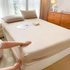 Beige Fitted Bed Sheets Washed Cotton Ultra Soft Slightly Wrinkled Linen Feel Breathable Deep Pocket Solid Mattress Protector 1