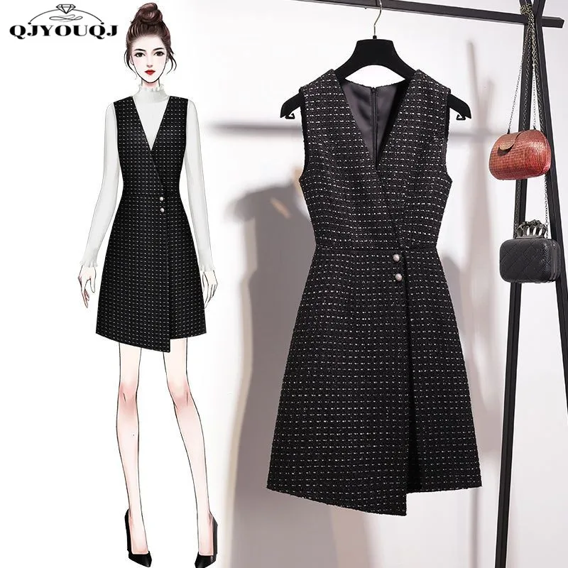 High End Temperament Dress Women's Spring and Autumn Woolen Vest Skirt Stylish and Age Reducing Small Black Dress Two-piece Set