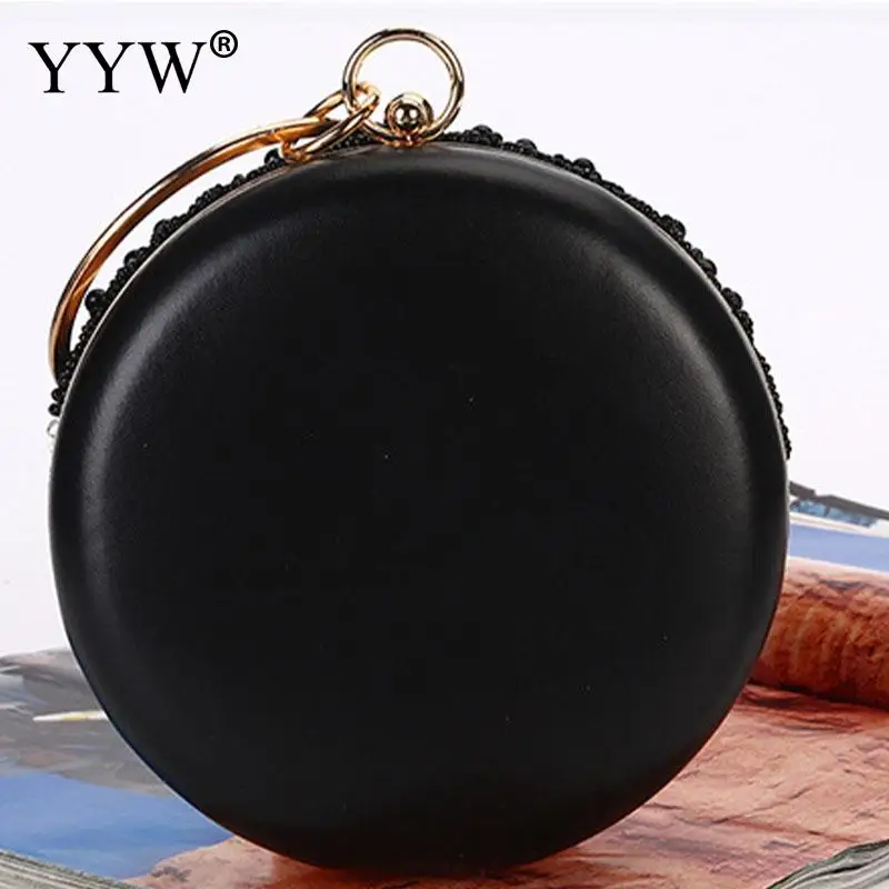 Luxury PU Leather Round Women Clutch Handbag Diamond Beads Embroidery Casual Lady Metal Handle Bag Messenger Purse Chain Wallet