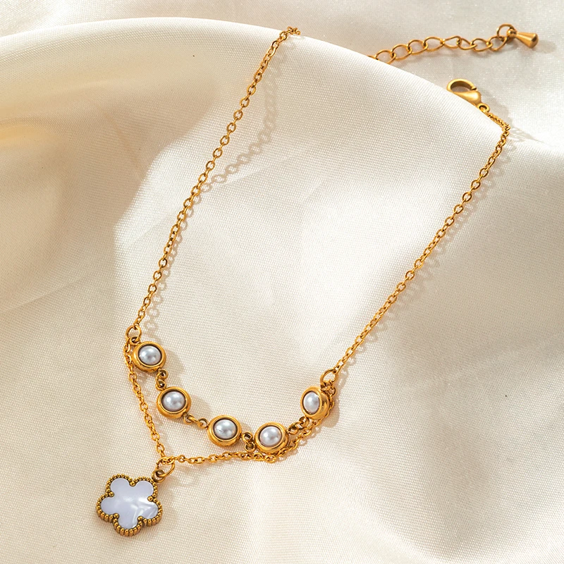 ANENJERY 316L Stainless Steel Imitation Pearls Butterfly Flower Tassels Anklet for Women Delicate Simple Jewelry Wholesale