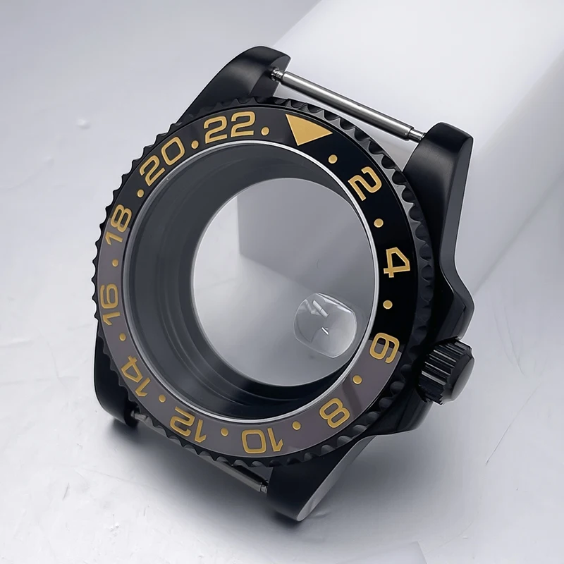 All-Black Sub Style Watch Case with Rubber Strap and Sapphire Crystal