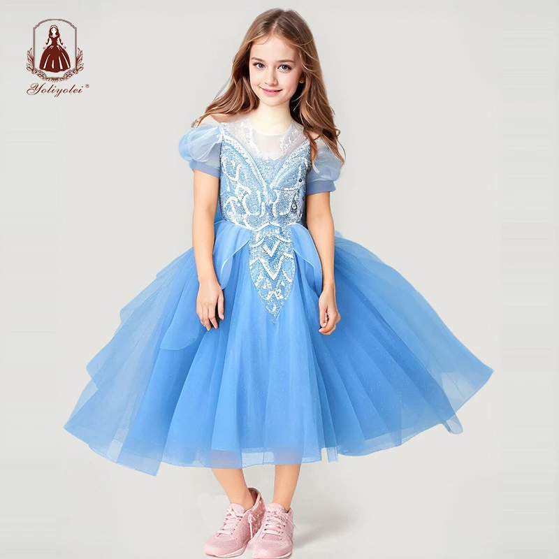 

Yoliyolei Summer 110-160 Girls Sequined Tulle Mesh Princess Dress Kids Cute Puff Sleeve Dresses For Girls Children Clothes