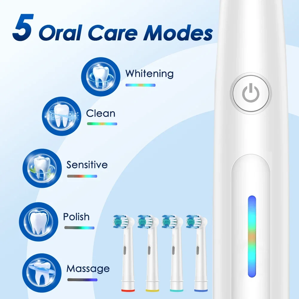 Smart Round Rotating Electric Toothbrush for Adults 5 Cleaning Mode USB Rechargeable 4 Replacement Heads Timed reminder