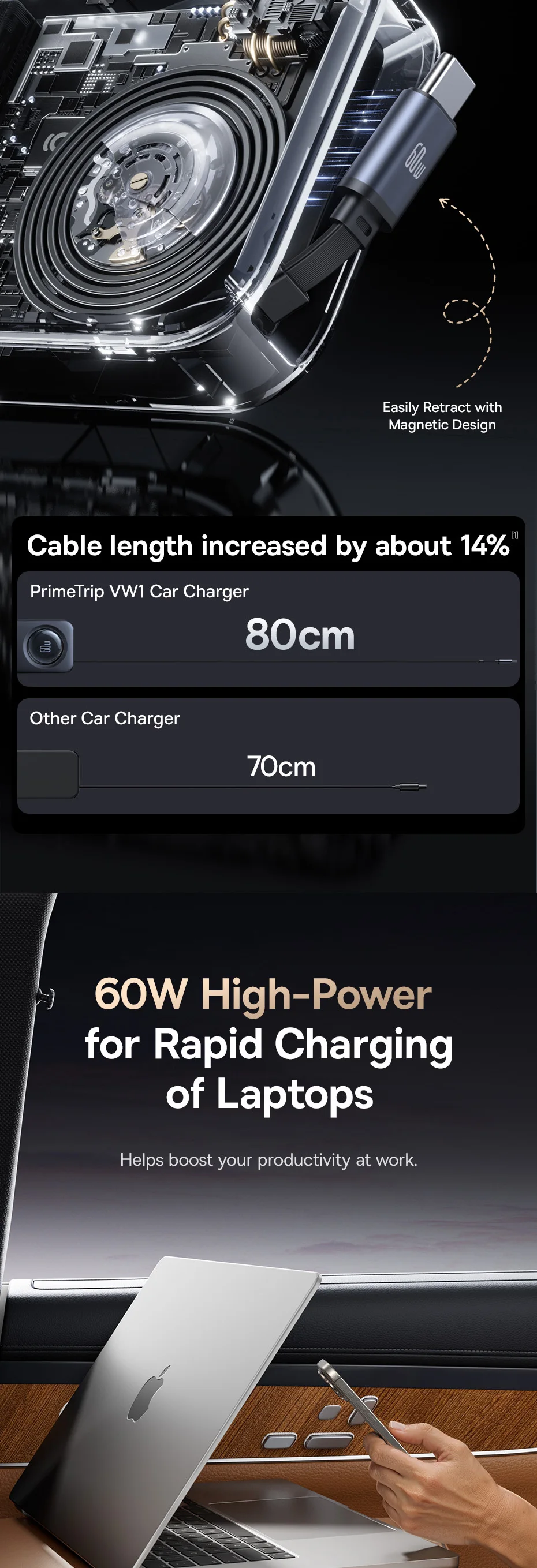 60W Car Charger Retractable Fast Charging Rear Seat 6 Ports Extension Cigarette