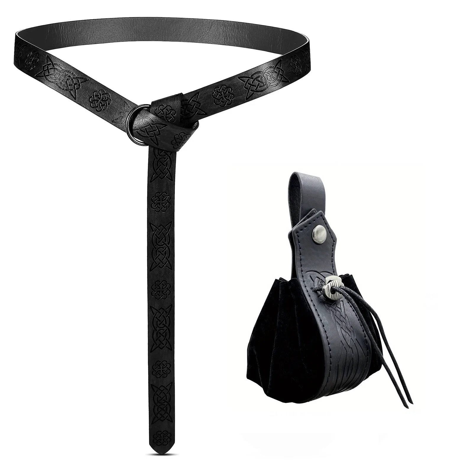 AUNGCSHE 2 Piezas Cinturón Y Riñonera Medieval De Cuero Sintético – Estilo Vikingo Para Disfraces Y Juegos De Rol – Ajustable Y Con Diseño Retro – Negro