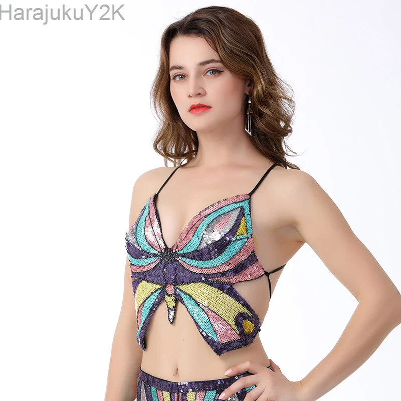

Sexy Women Back Lace-up Festival Raves Crop Top Sequin Top Halter Bandage Butterfly Party Club Nightclub Thank Top