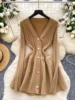 Ele V-ne Long Sve Knitted Dr Women's High Waist Slim Fit A-line Skirt Metal Bule Ci Commute Autumn Winter
