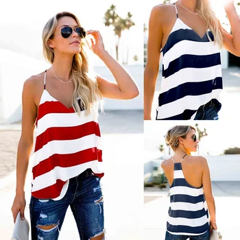 S-XXL Women's Basic Stripe Camisole Adjustable Spaghetti Strap Tank Top Plus Size Shirts Sleeveless Shirt V Neck Tank Tops