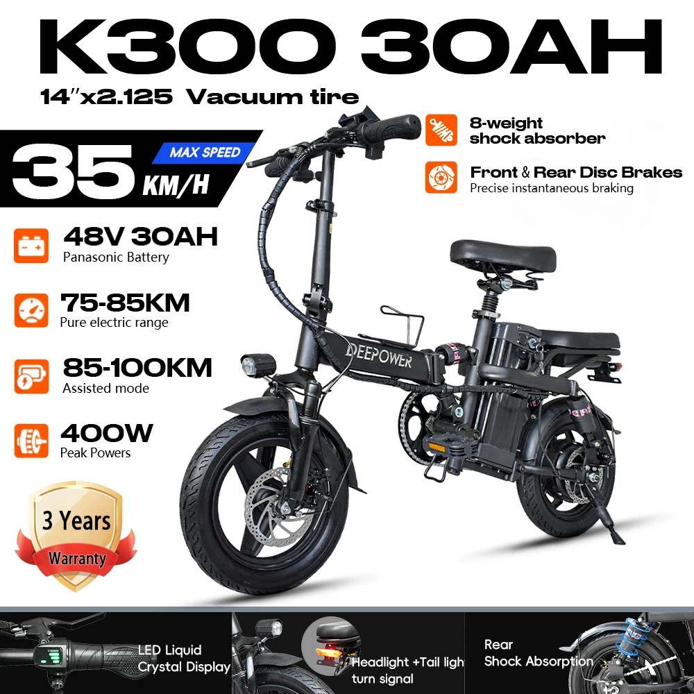 DEEPOWER K300 大人用電動自転車、21MPH 折りたたみ電動自転車、ミニ