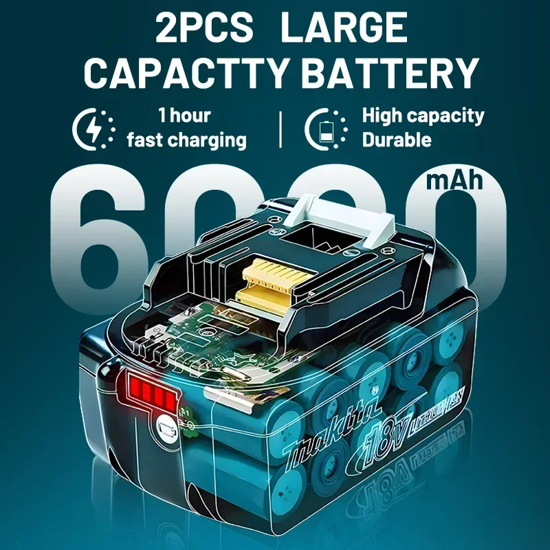 Makita 18V 6000mAh Lithium ion Rechargeable Battery 18v drill Replacement Batteries BL1860 BL1830 BL1850 With DC18RC 3A Charger 2