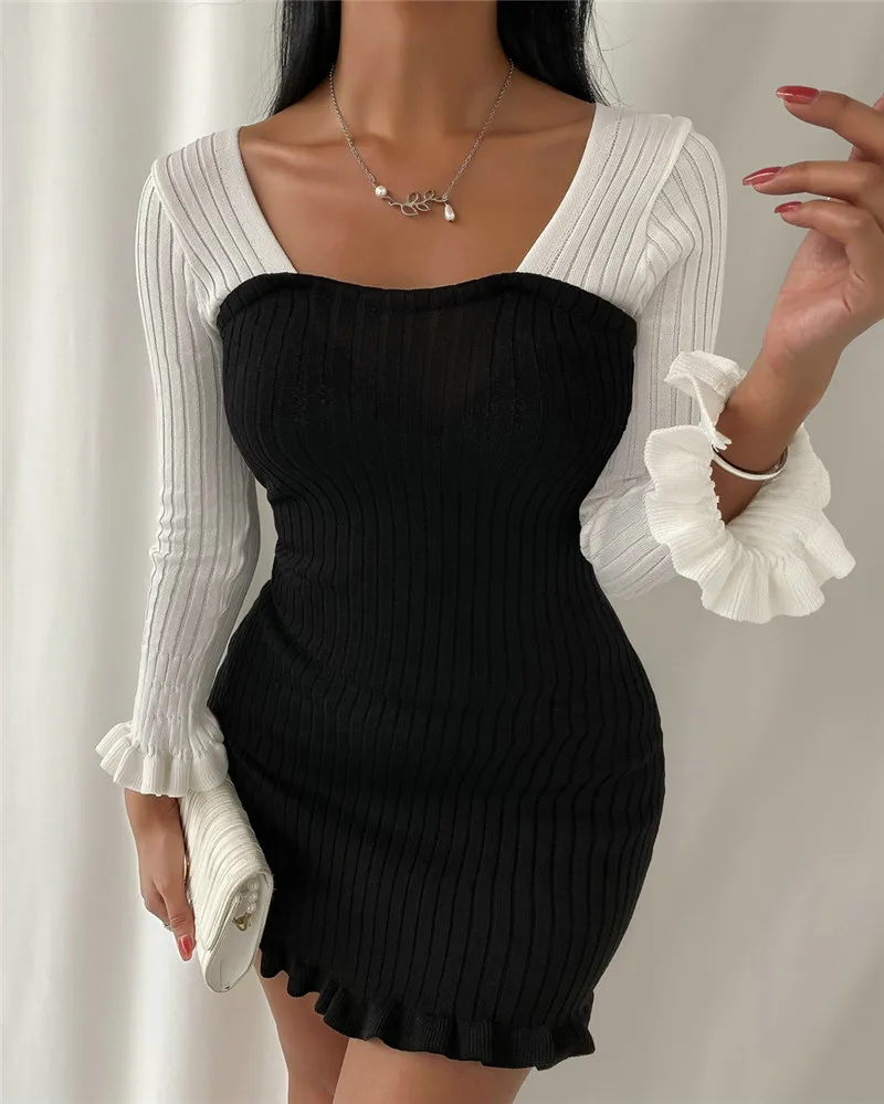 

2021 Spring Fall Women Long Sleeve High Waist Skinny Slim Hip Dress Fashion Black Color Matching Design Bow O-Neck Mini Dress
