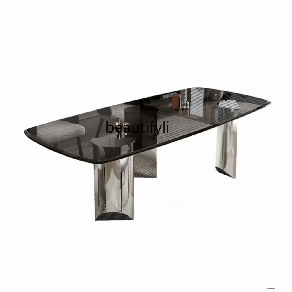 

yj Italian Minimalist Imported Tempered Glass Dining Table High-End Luxury Slate Marble Light Luxury Long Table