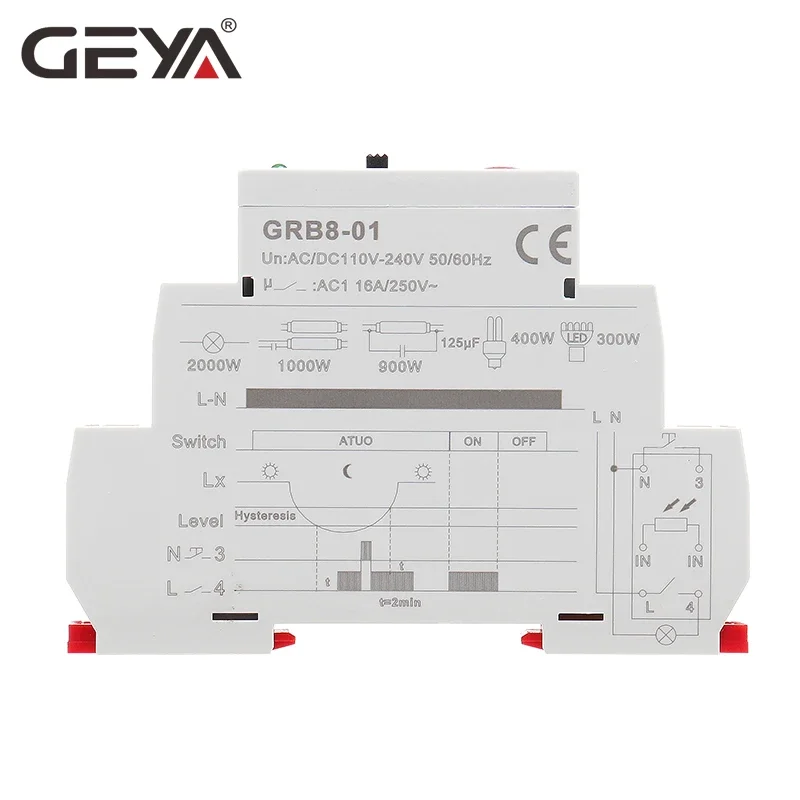 GEYA GRB8-01/02 przełącznik zmierzchu AC110V-240V czujnik światła uliczne szyna Din przekaźnik modułowy 16A automatyczne przełączanie