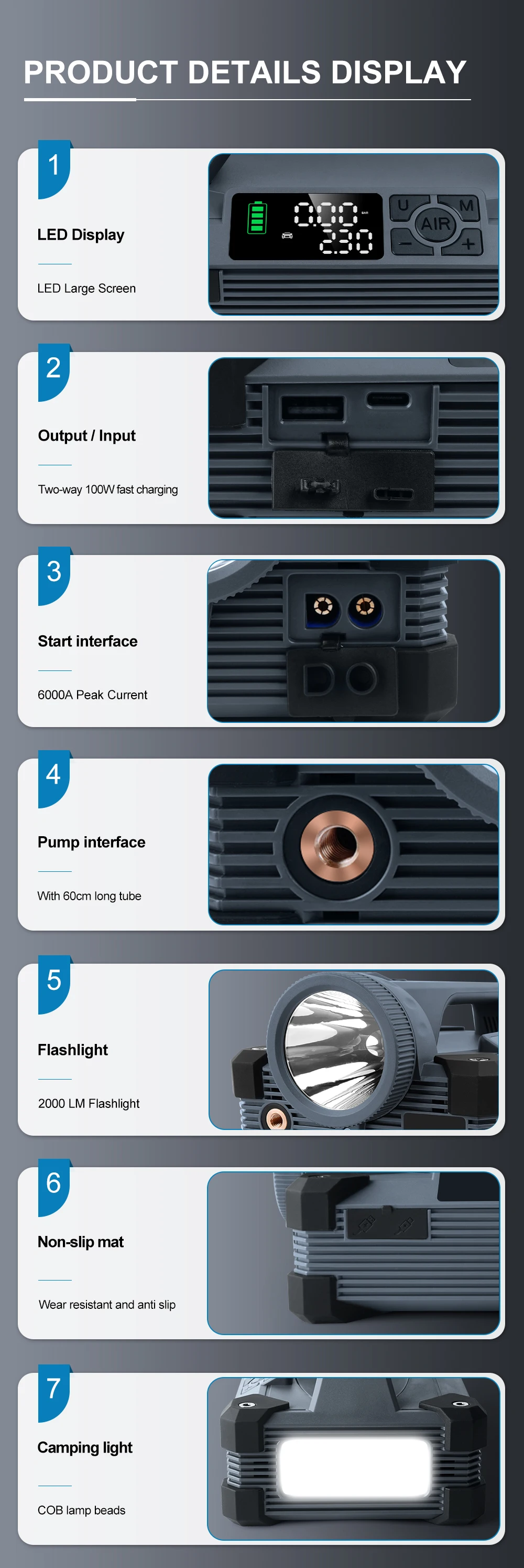 Car Jump Starter 6000A/12V with Air Compressor Tire Inflator for Car,15W Flashlight and Camping, PD 100W Power Bank 7