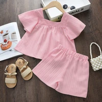 Costume pour enfants, Style vacances, couleur unie, broderie de fleurs, col carré, haut à manches courtes + Short, ensemble deux pièces, été 4
