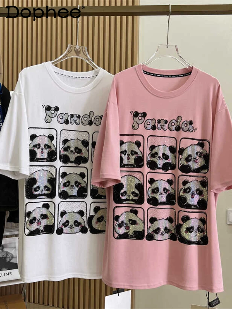 

European Goods Hot Drilling Panda Short-Sleeved Black T-shirt Female 2024 Summer New Loose Mid-Length Round Neck Cartoon Top