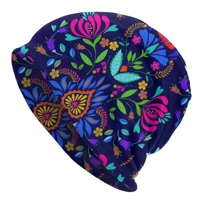 

Mexican Flowers Pattern Beanie Cap Winter Warm Bonnet Femme Knitting Hats Ski Mexico Folk Floral Beanies Caps For Men Women