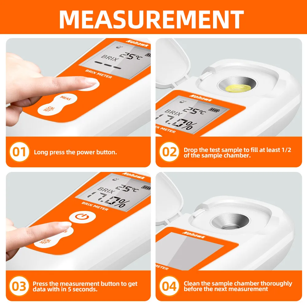 Digital Brix Refractometer Range 0-55%,±0.2% Precision Auto Temperature Compensa