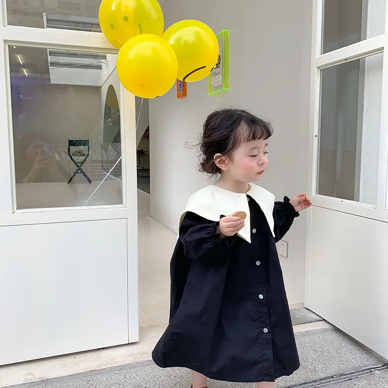 Girl Cotton Dress New Long Sleeved Toddler Baby Sigle Breasted Bow Black and White Dresses for Young Children Kids Clothes
