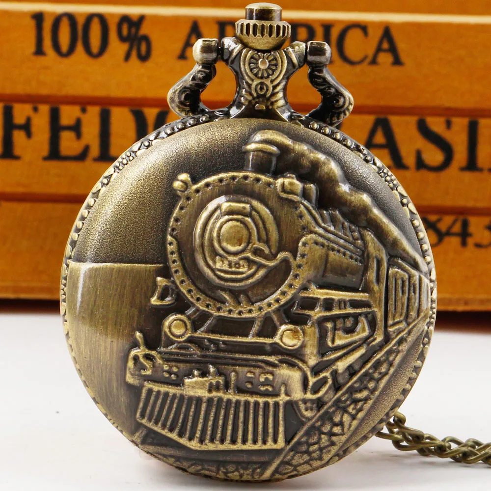 

Retro Bronze Train Locomotive Engine Quartz Pocket Necklace Watch Pendant Chain Clock Best Gifts for Men