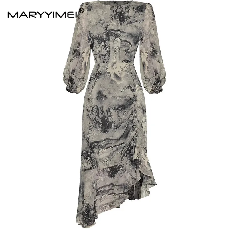 

MARYYIMEI Fashion Designer Spring Summer Women's Lantern half sleeve Pleated Print Asymmetrical Ivory white Vintage Dresses