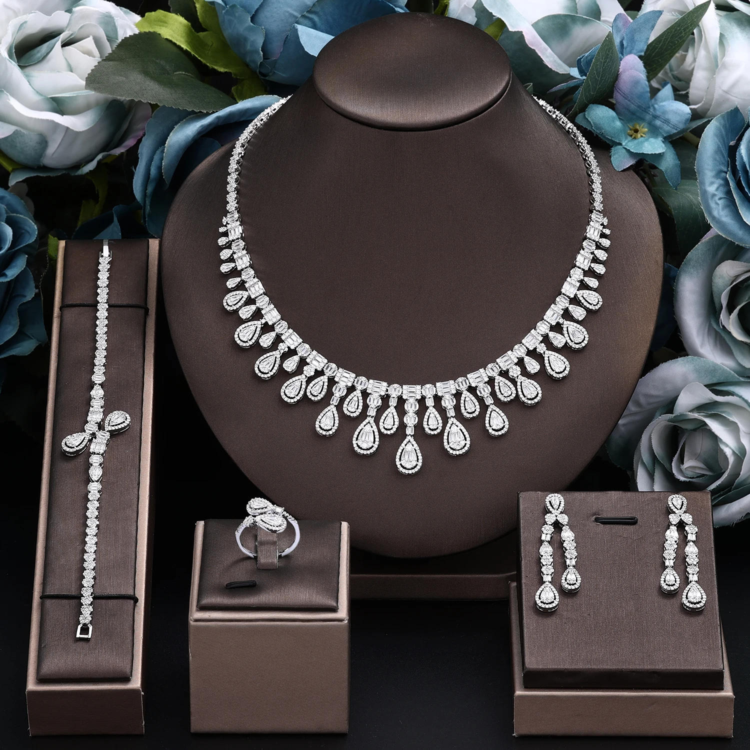 

New Design 2024 Cubic Zirconia 4 Pieces Costume Jewelry Set for Women Dubai Bridal Weedding Party Jewellery Accessories