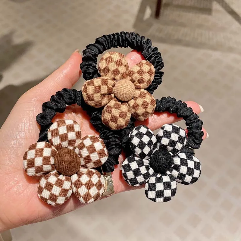 

Checkerboard Flower Hair Rope Love Hair Ring Ladies Tie Head Rope Dongdaemun Hair Accessories Korean Fabric Fat Sausage Ring