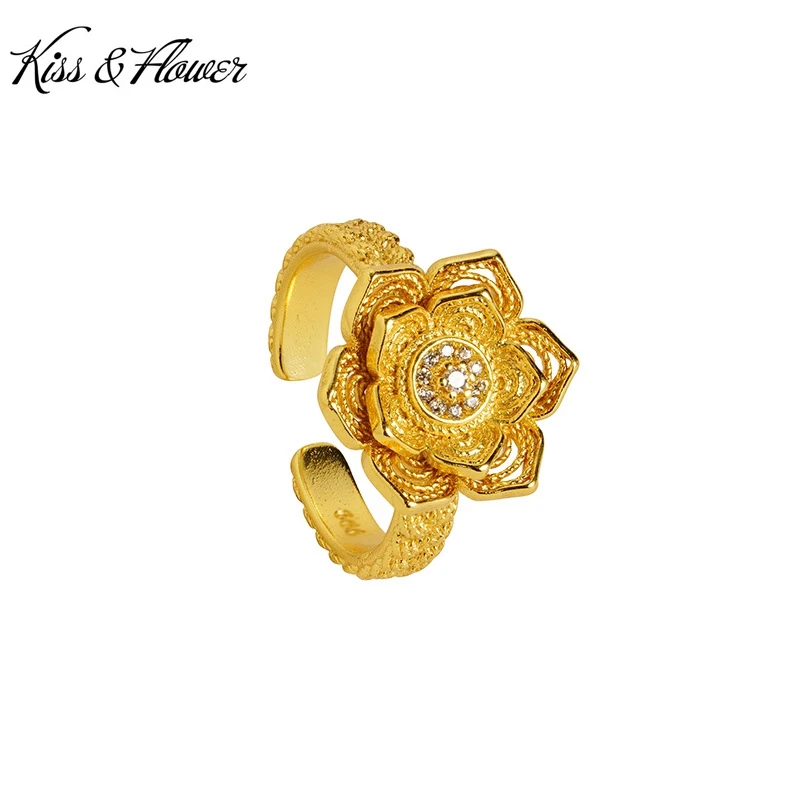 

KISS&FLOWER 24KT Gold Flower Lotus Ring For Women Jewelry Wholesale Wedding Party Birthday Bride Mother Girlfriend Gift RI219