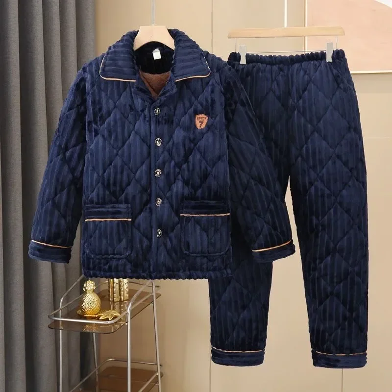 

Velvet Winter Flannel Home Wear Autumn Pajamas New 2023 Style Warm Coral Three-layer Quilted Leisure Men Thickened Suit Clothes