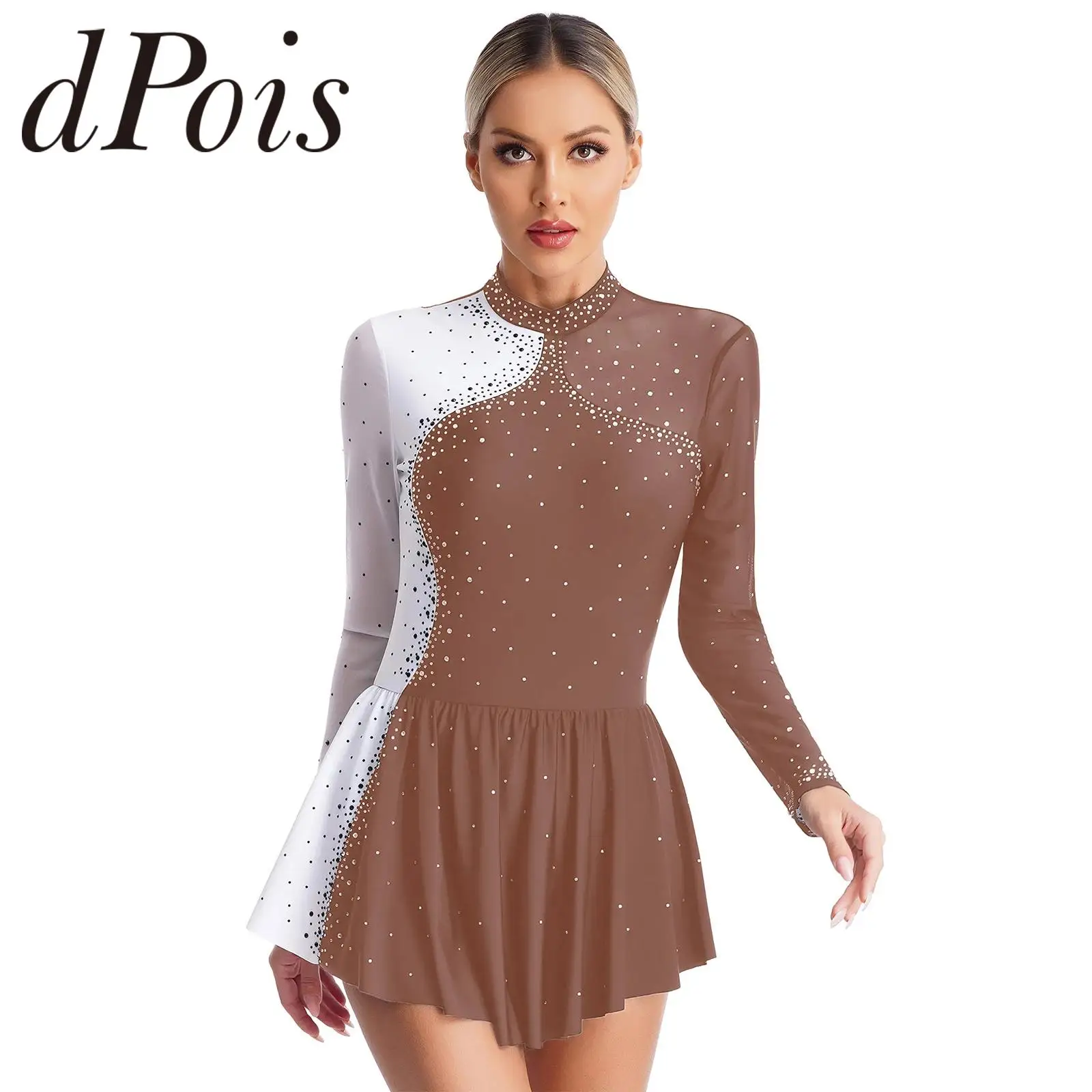 

Womens Sparkly Rhinestone Figure Skating Dress Sheer Mesh Ballet Gymnastics Dance Leotard Dress for Woman Long Sleeve Dancewear