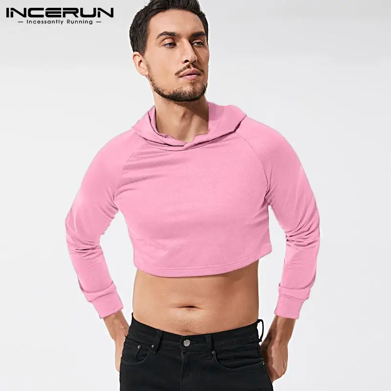 INCERUN Solid Color Men Hoodies Long Sleeve Hooded Casual Crop Tops  Streetwear Fitness 2023 Sexy Leisure Mens Sweatshirts S-5XL