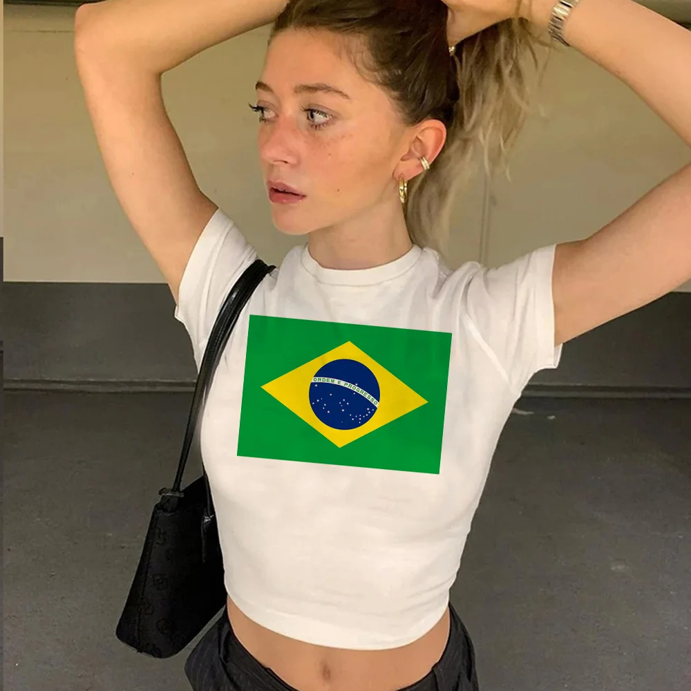 

Brazil Flag 2000s yk2 crop top Female vintage streetwear yk2 kawai tshirt