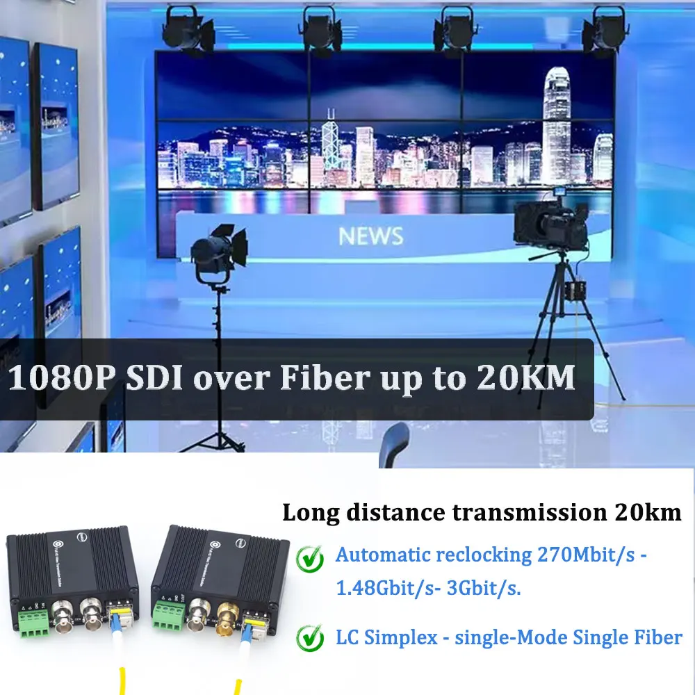 HD/3G SDI Fiber Converter 1080P 30/60Hz Fiber Optical Transceiver with Loop Output Tally RS485 20KM LC Optical Extender