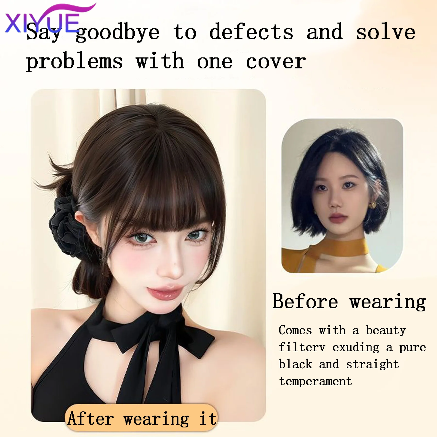 XIYUE Synthetic 60CM Korean Black Long Straight Hair Wig Synthetic Natural Long Straight Hair With Bangs Wig