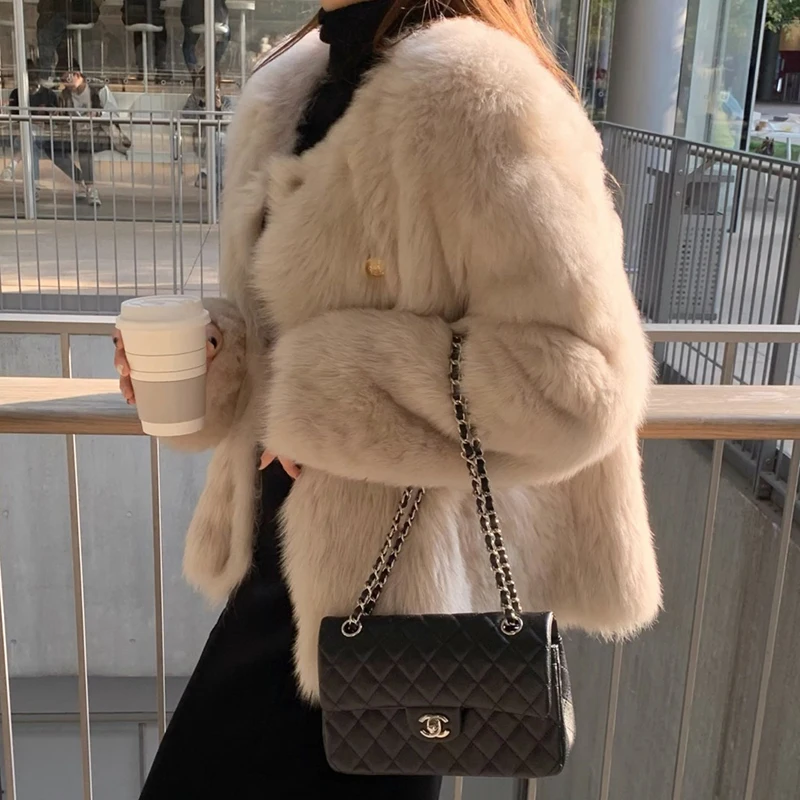 Imitation Fox Fur Coat Women Korean Autumn Winter Round Neck Outwear All-Match Thick Double Breasted Overcoat Plush Chaquetas