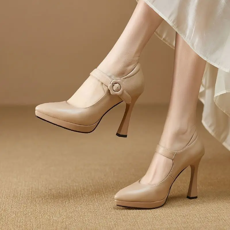 

Женские туфли-лодочки FHC из натуральной кожи, Туфли Мэри Джейн на высоком каблуке с ремешком спереди и острым носком, черные, персиковые, новинка 2024, Прямая поставка