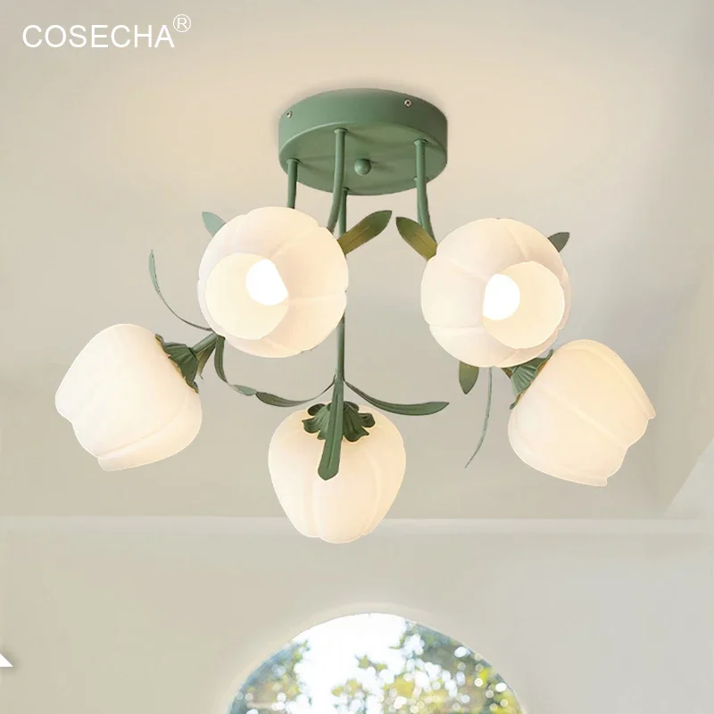

Milk White Ceiling Light Chandelier Kitchen Dining Room Green Flower Ceiling Lamp Bedroom Nordic Lighting For Baby Room Entryway