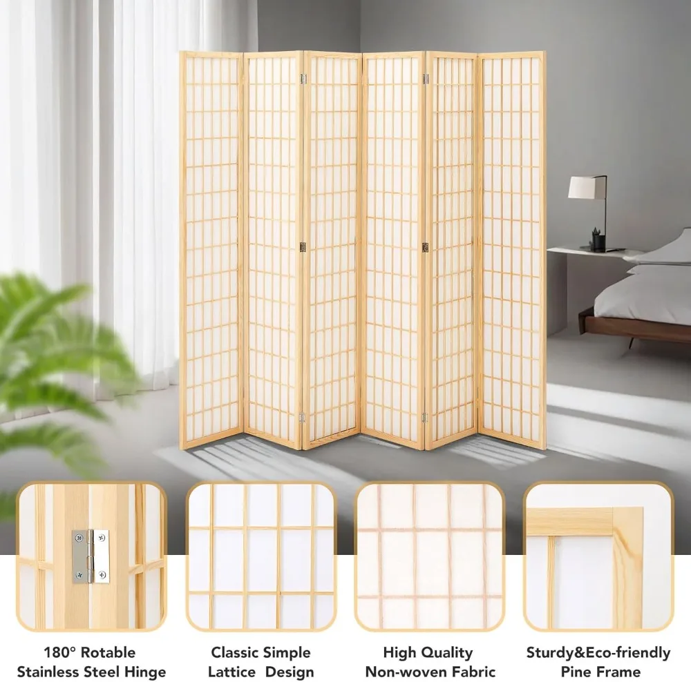 6 Panel Japanese Shoji Screen Room Divider, 5.9 Ft Natural Wood Privacy Wall for Home Office