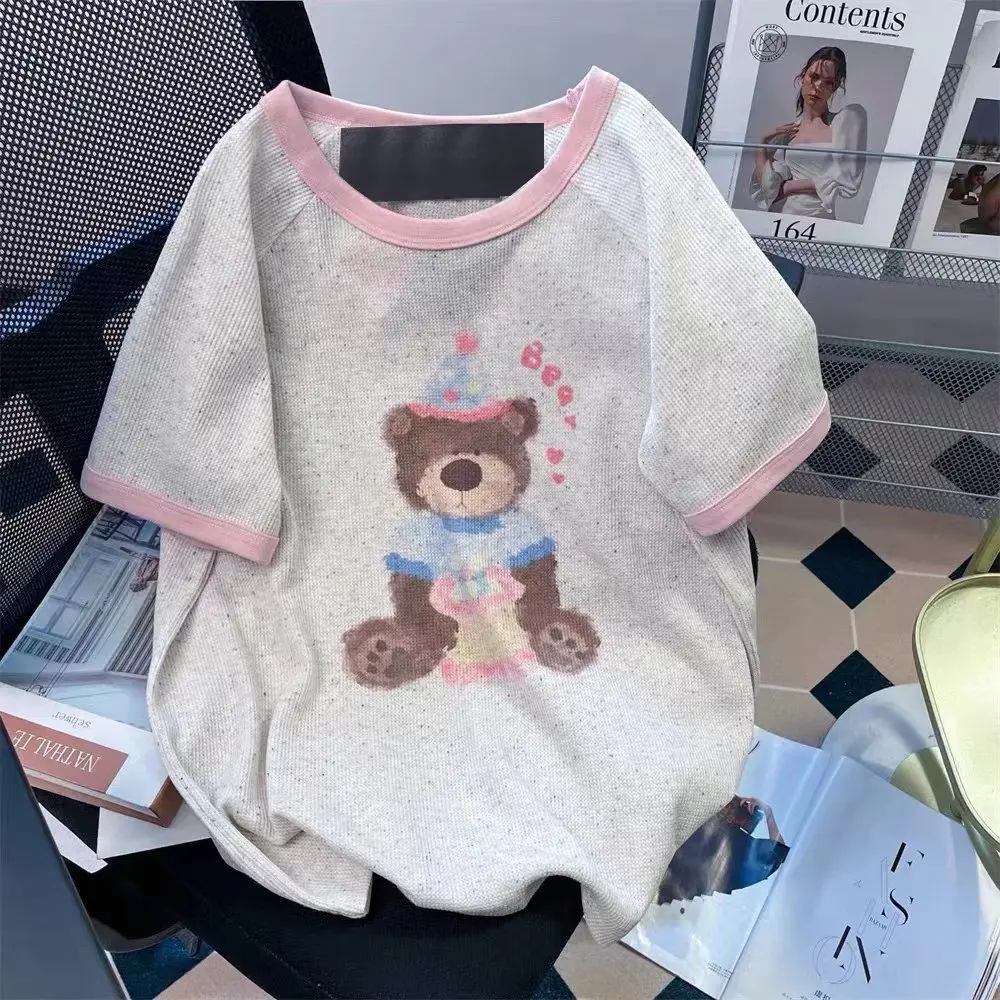 

Korean cartoon bear colorful graffiti waffle stitching round neck short-sleeved women summer loose T-shirt sweet girl cute top