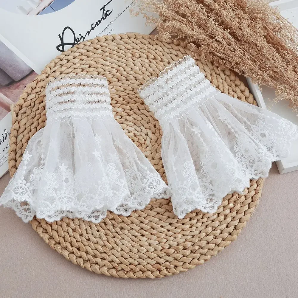 1 paire de manchettes détachables en dentelle, maille florale, fausses manches évasées, Double couche plissée froncée, faux poignets, pull, chemisier, chauffe-poignets