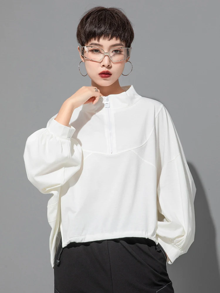 EAM] Women White Drawstring Zipper Big Size Casual T-shirt New