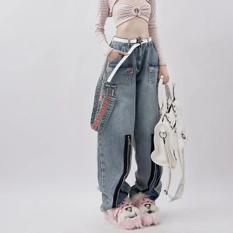 Korean Fashion Oversized High Waist Star Print Stitching Jeans Women American Vintage High Street Tooling Wide Leg Pants Y2k