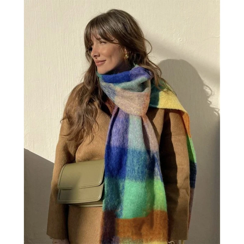 Klassischer bunter karierter Herbst-Winter-weicher, warmer Damen-Schal mit langer Quaste, verdickter Schal_voghion.com