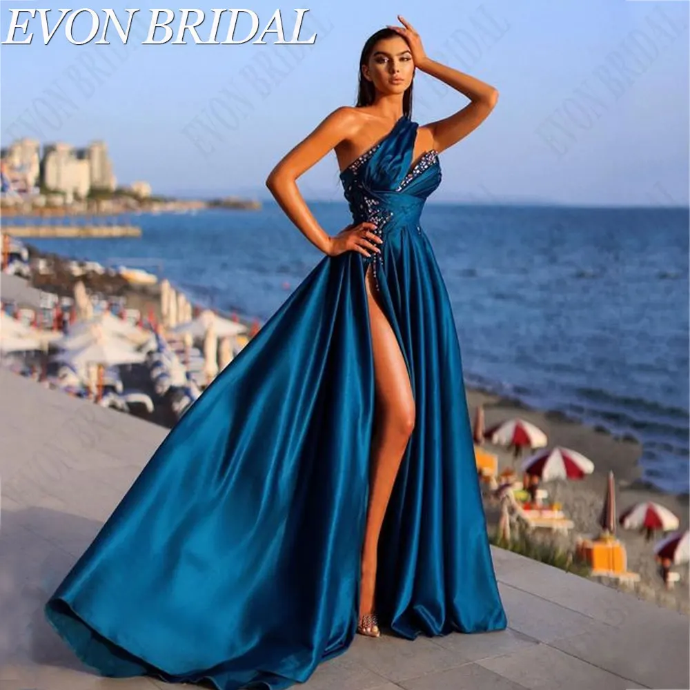 

EVON BRIDAL Royal Blue Satin Evening Dresses Charming A-Line Split Party Gowns One Shoulder Backless Sleeveless Vestido De Festa