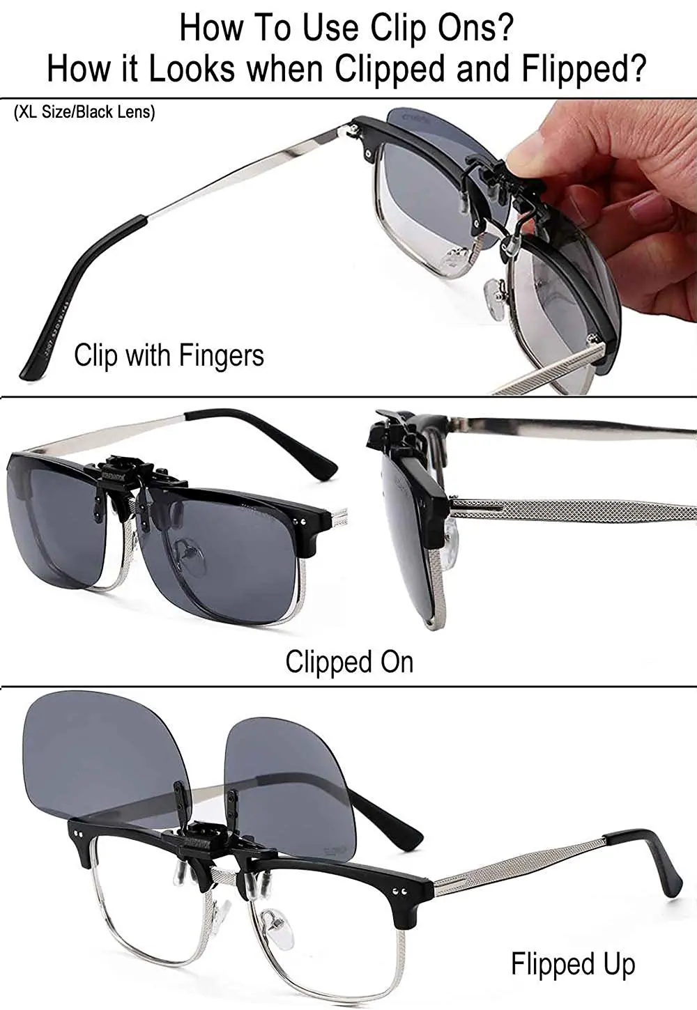 2PCS Clip On Sunglasses Polarized Driving Glasses Clip Up Clip-On Glasses Night Vision for Driving Fishing Cycling Walking